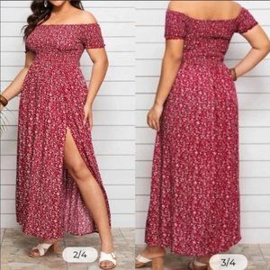 Shein Curve 3XL off shoulder shirred split ditsy maxi dress